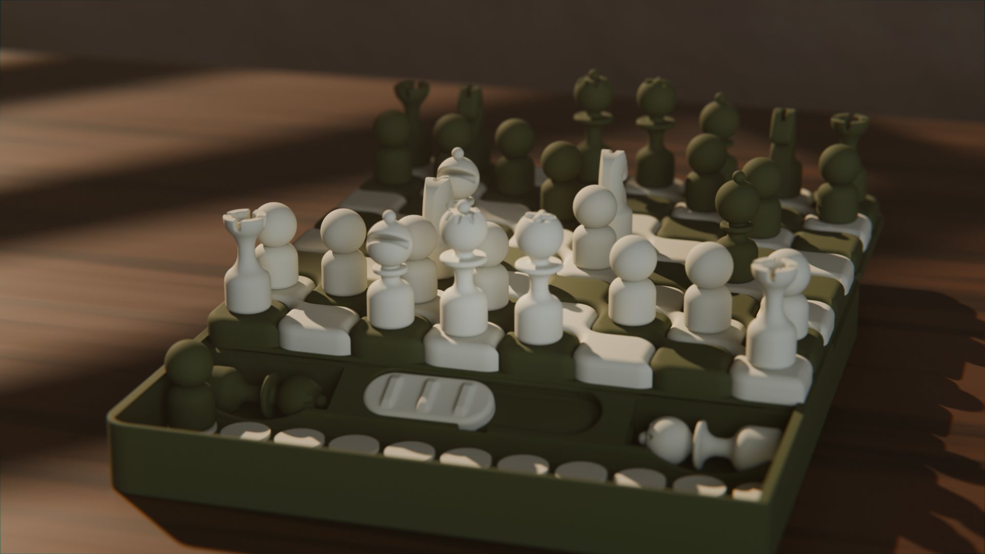 Latro Studio magnetic chess set in Olive & Desert Tan, with the board slid open over the storage tray